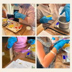 Enfants préparant le baume de l'aventurier avec gants et cire d'abeille - atelier huiles essentielles enfant