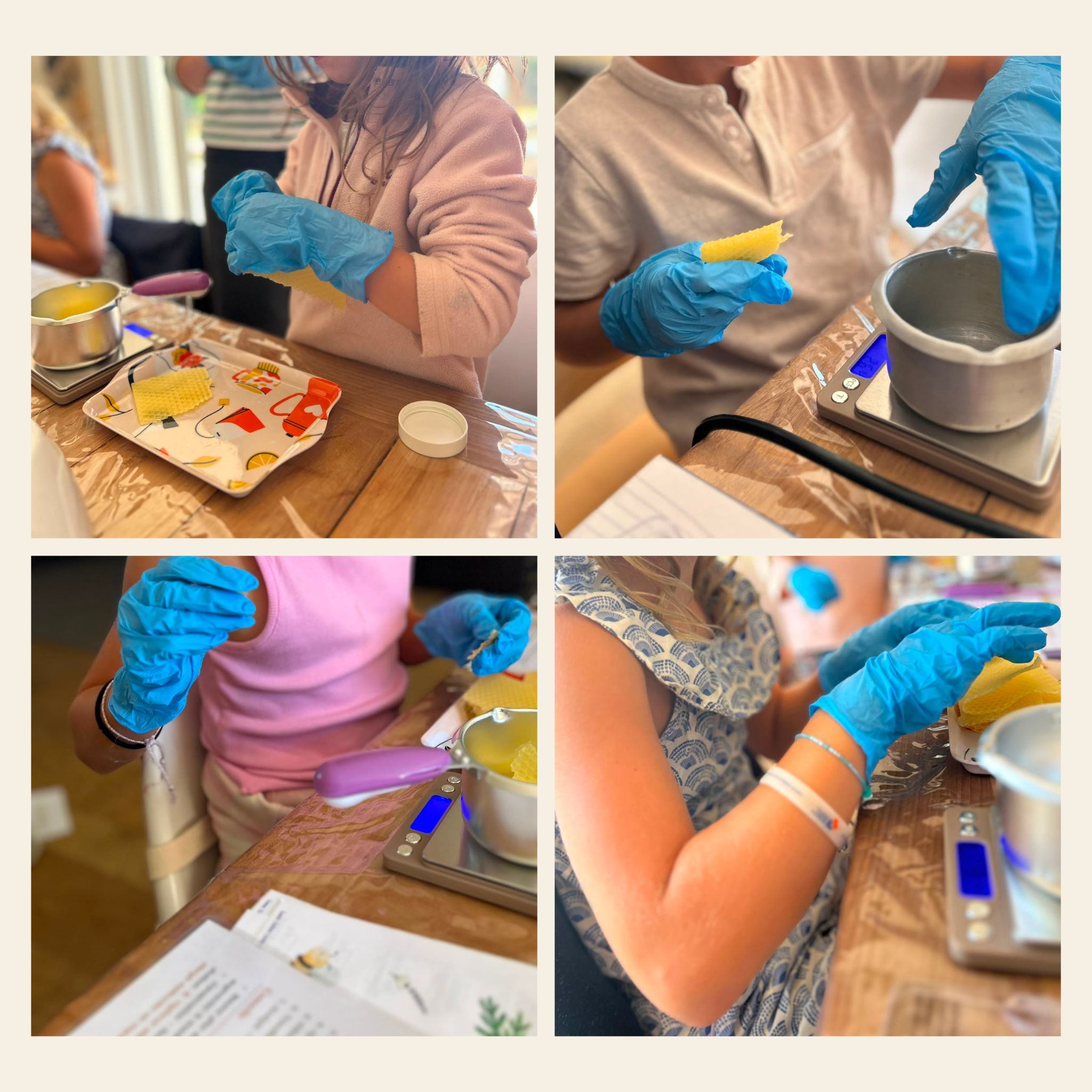 Enfants préparant le baume de l'aventurier avec gants et cire d'abeille - atelier huiles essentielles enfant